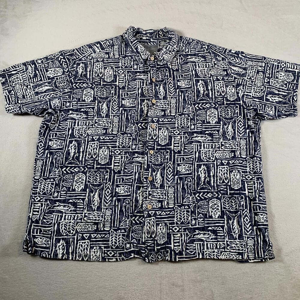 Eddie Bauer Shirt Mens XL Blue White Geometric Print Linen Cotton Short Sleeve